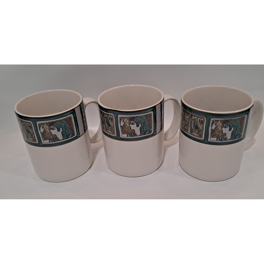 Furio Egyptian Theme Ceramic Coffee Mugs Set of 3 White Green Brown